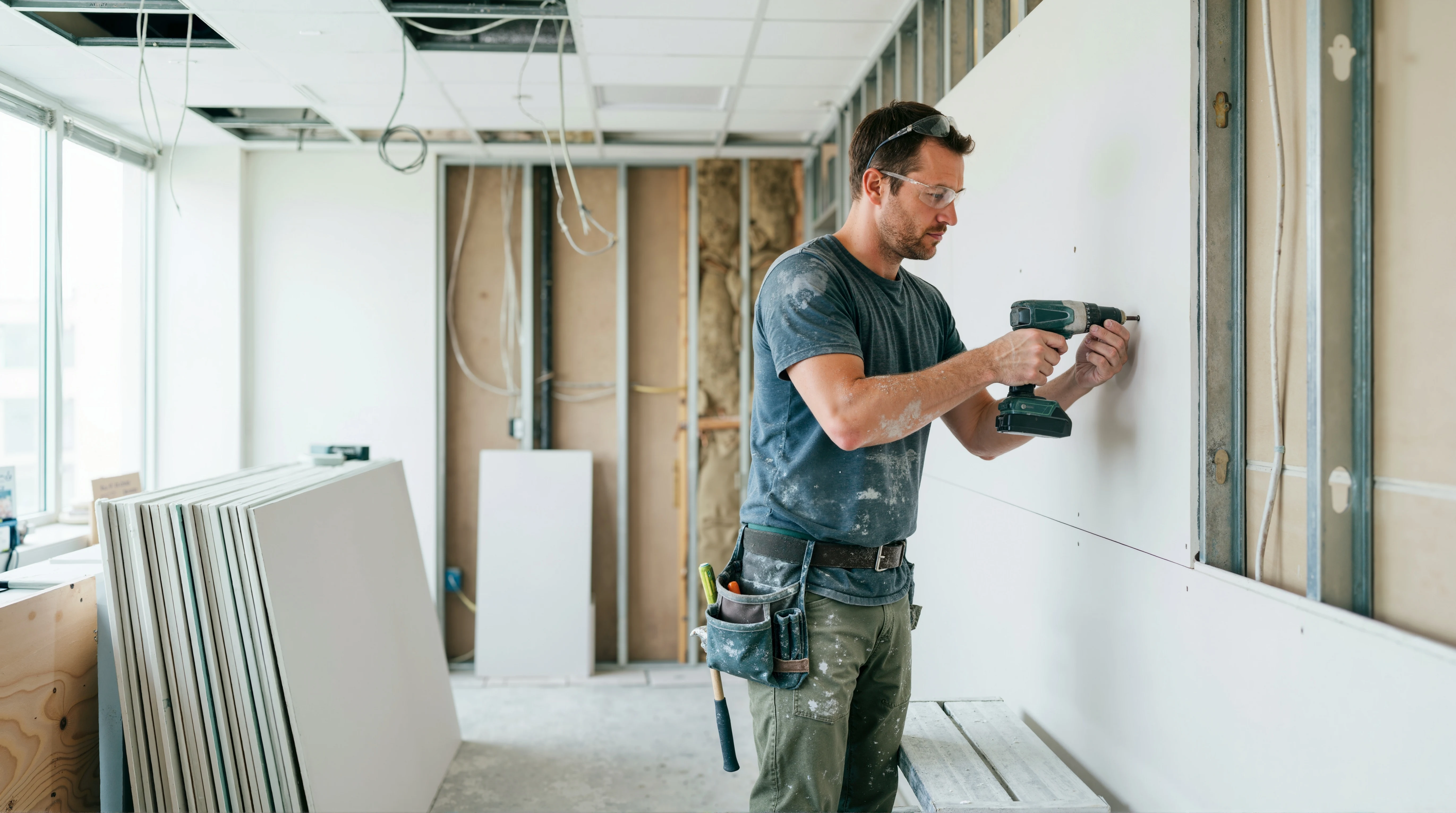 Contractor installing drywall during an office remodel